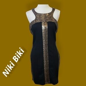 Niki Biki Bodycon Cocktail Blk & Python Racer Back Halter M/L EUC
